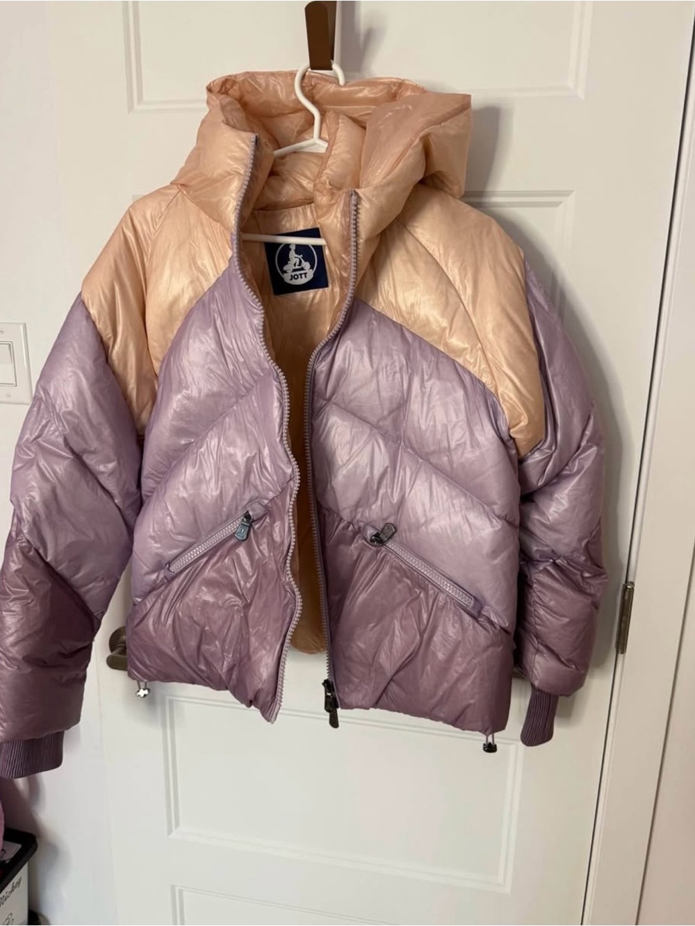 Two-Tone Lavender & Peach Puffer Jacket with Hood